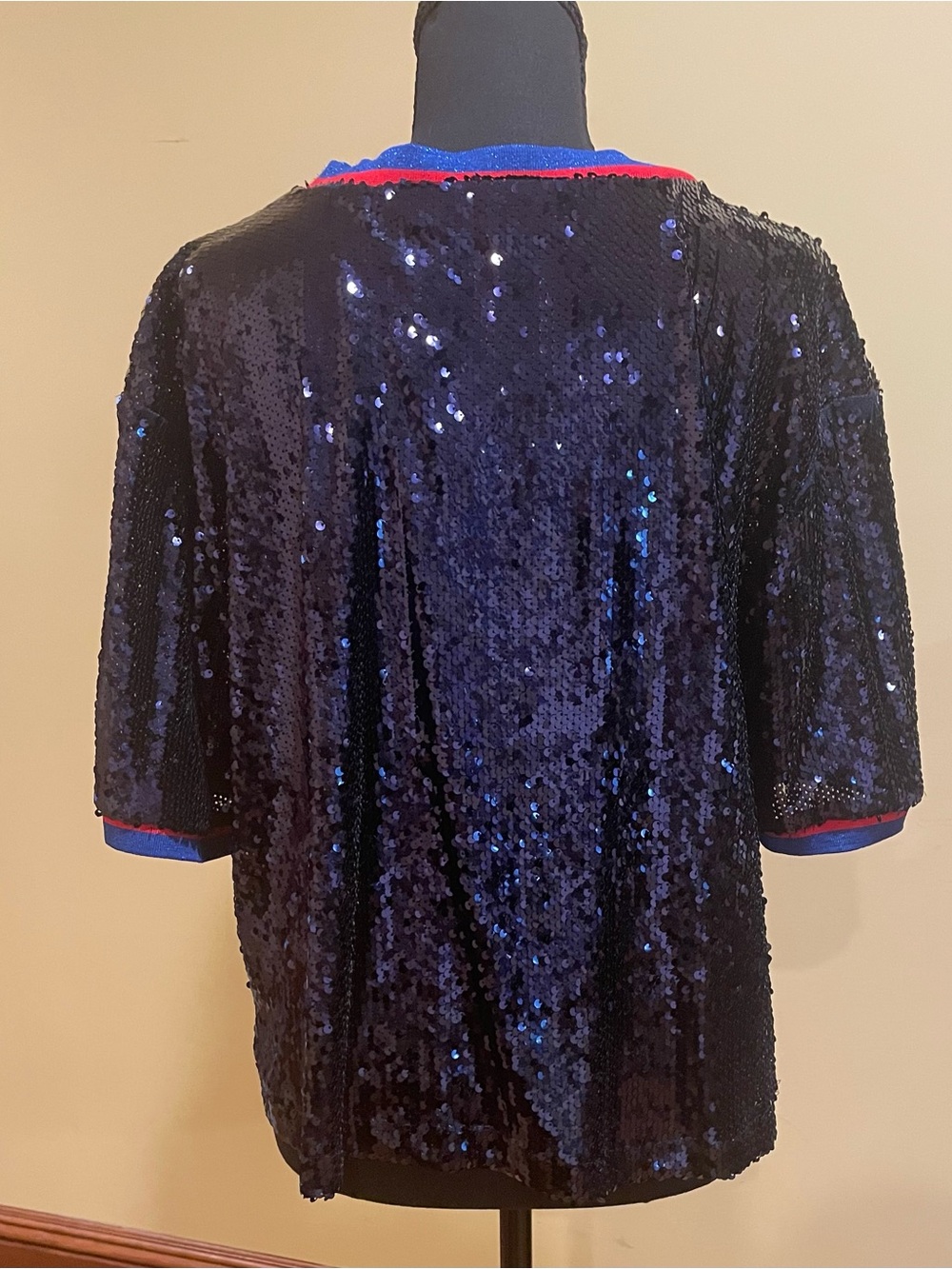 New Look Navy Blue Sequined Top, Size L, boxy, roomy silhouette, dressy, stretch - Picture 5 of 12